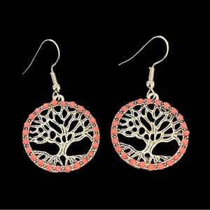 Tree of Life Dangle Earrings Silver Tone Dark Pink Details NEW